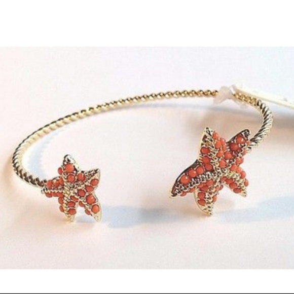 Coral Bead Starfish Cuff Cable Bracelet Nautical Beach Gold Plated Adjustable - Picture 3 of 10